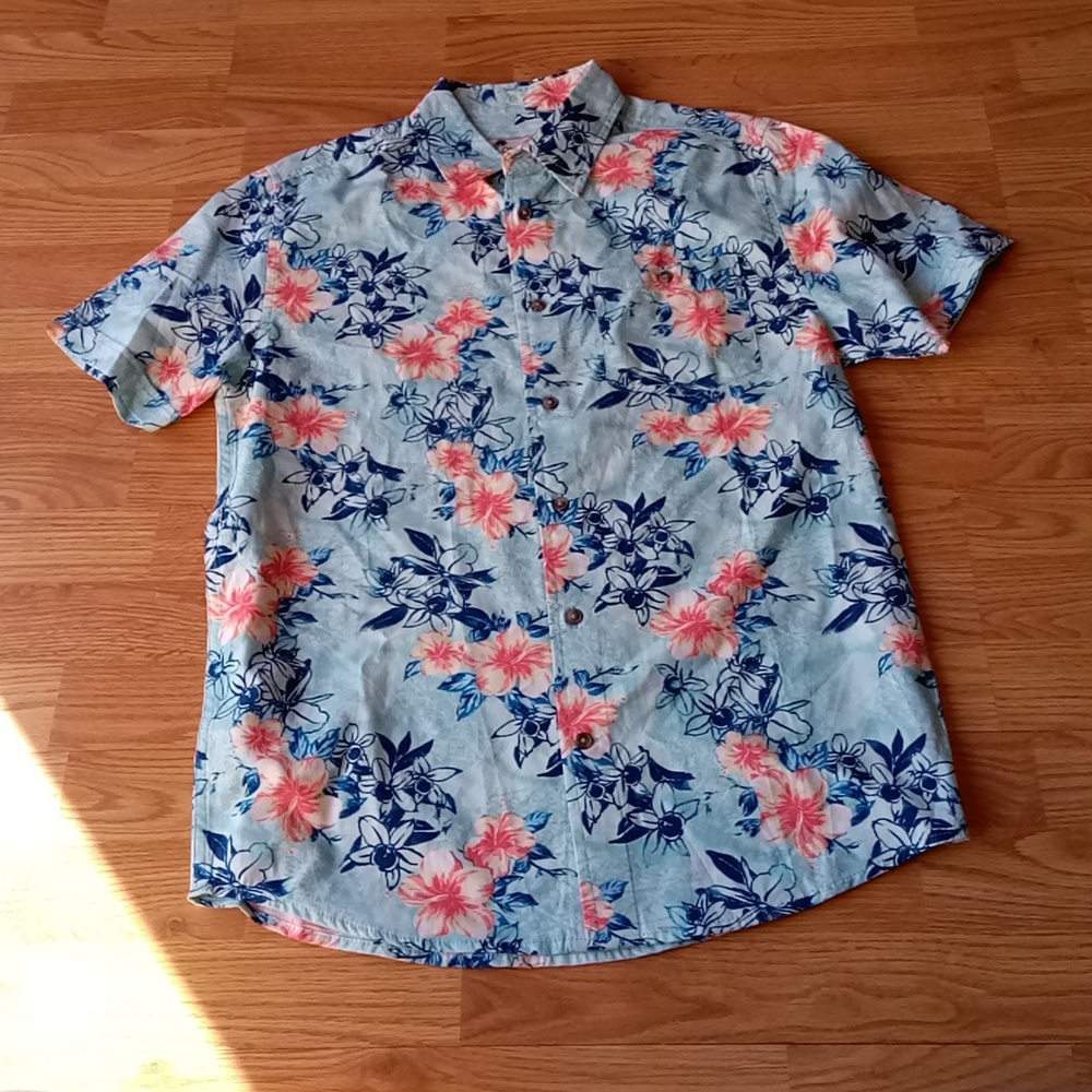 NWT Oliver &Burk  Mens Tropical Shirt, Hawaiian Print Light Blue  Sz S, MSRP $45